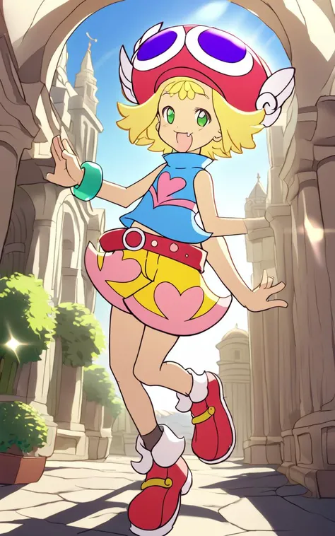 <lora:sdxl-py-amitie:1> 1girl amitie, cute, green eyes, blonde hair, short hair, bracelet, jewelry, hat, skyblue shirt sleeveless, red belt, red shoes, yellow shorts, pink heart,smile fang, extremely quality extremely detailed, illustration, cute anime fac...