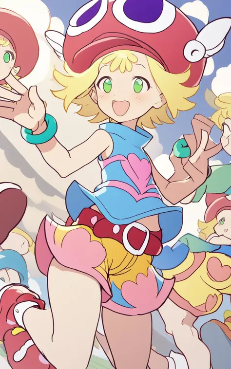 <lora:sdxl-py-amitie:1> 1girl amitie, cute, green eyes, blonde hair, short hair, bracelet, jewelry, hat, skyblue shirt sleeveless, red belt, red shoes, yellow shorts, pink heart,Jubilant, masterpiece