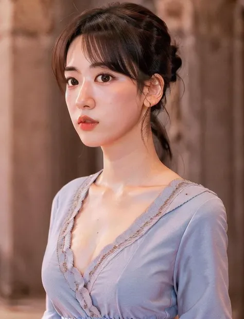 upper body photo of  thin 1girl Negona <lora:Negona-1:0.7> , wavy ponytail hair, sexy dress, chest cloth loosen, at colosseum, wideangle close up