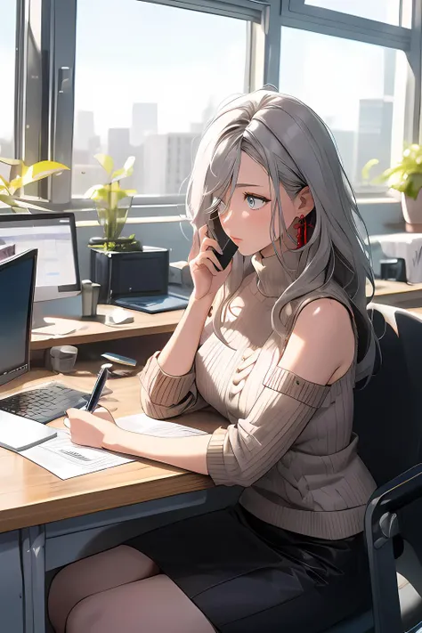 anime girl sitting at a desk with a laptop and cell phone