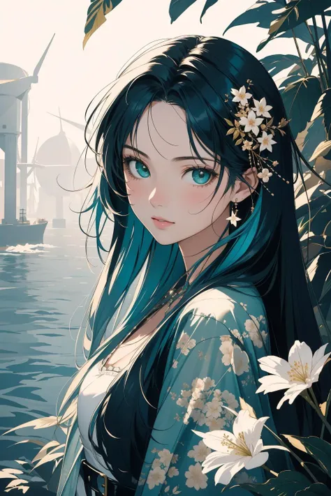 a woman with long hair and blue eyes standing in front of a body of water