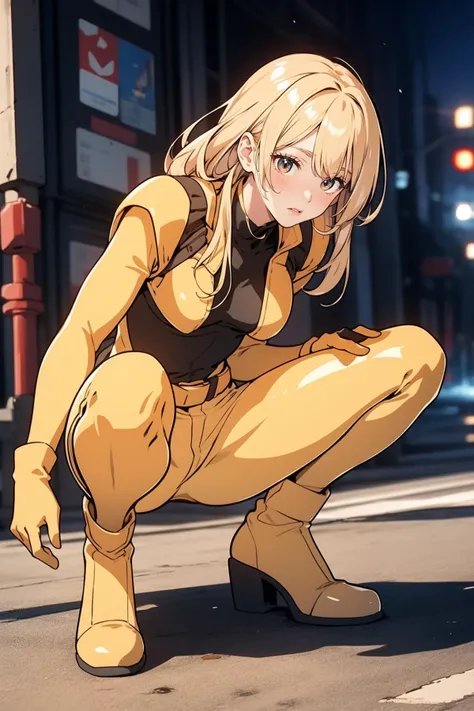 <lora:GoodHands-æbeta2:1>,solo,1girl,cityscape,standing,blonde hair,<lora:0362 gundam victory zanscare pilot suit_v1:1>,ruanyi0362,bodysuit,gloves,belt,full body,squatting cowgirl position,spread legs,yellow bodysuit,, best quality,masterpiece,highres,of...