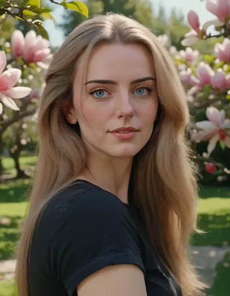 ((best quality)), ((masterpiece)), (detailed), close-up person, long hair, (calm blue eyes),black tshirt, denim shorts, garden background, flowers, magnolias, apple tree, , pretty face, highly detailed face, (portrait composition:1.3), (8k resolution:1.2),...