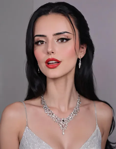 a woman with long black hair wearing a silver dress and a necklace