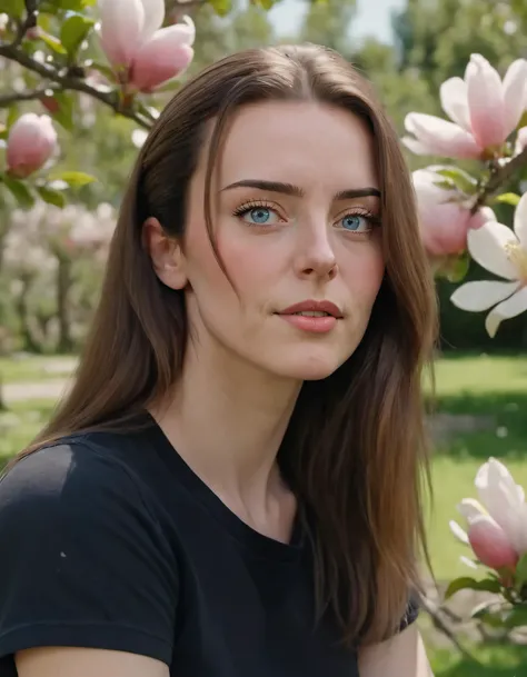 ((best quality)), ((masterpiece)), (detailed), close-up person, long hair, (calm blue eyes),black tshirt, denim shorts, garden background, flowers, magnolias, apple tree, , pretty face, highly detailed face, (portrait composition:1.3), (8k resolution:1.2),...