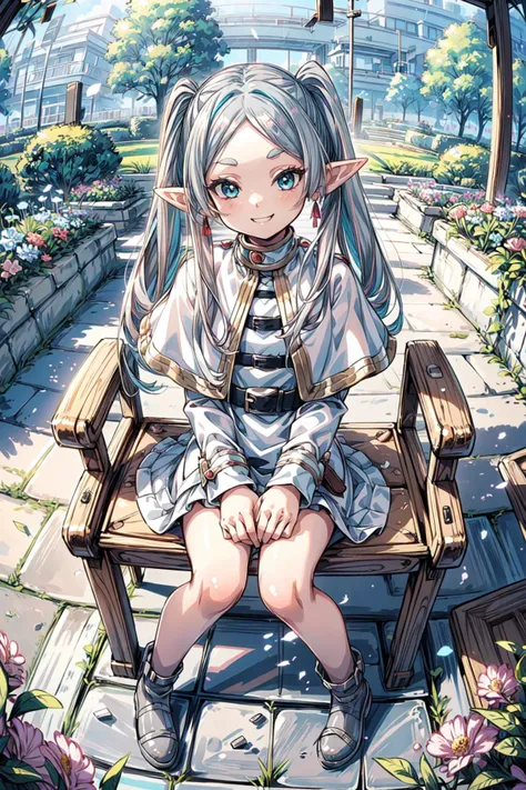 anime girl sitting on a bench in a garden with flowers