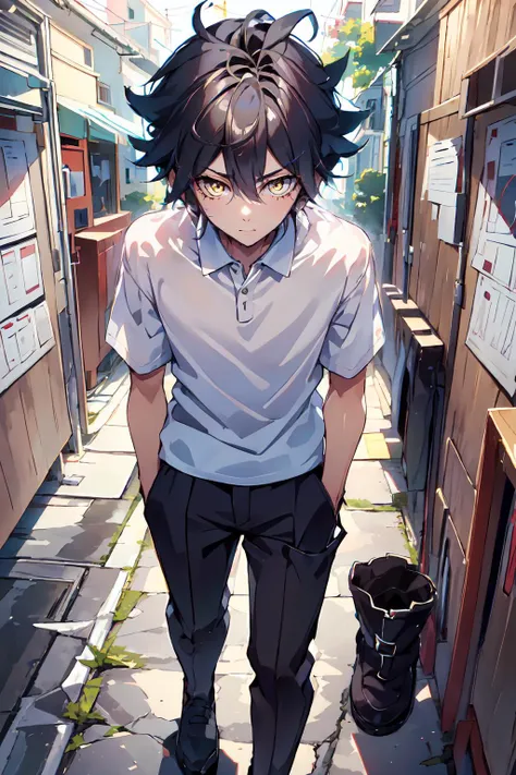 <lora:CNHS_JHS_Student__Male:1> student, uniform, white polo, slux pants, CNHS, junior, <lora:VanitasKH:0.8> VanitasKH, spiky hair, yellow eyes,, ultra detailed, masterpiece, best quality, aesthetic, detailed,