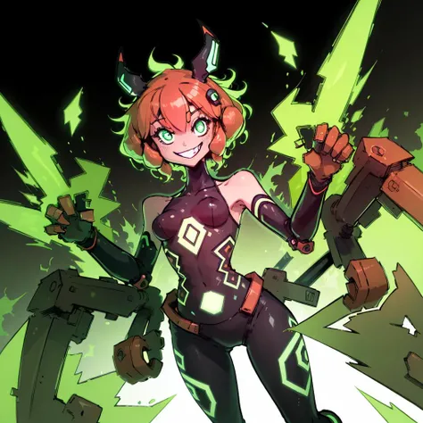 <lora:Rototech-20:1> ,rototech, green hologram aura , no humans,  simple background,black background  mecha girl, <lora:KarasuChan-20:0.8>,monochrome, grin, green short hair, red eyes, green flame hair,green skin