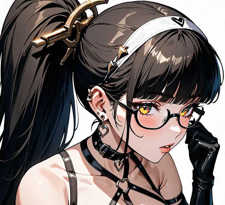 1girl, 
solo, long hair, black hair, brown eyes, collarbone, choker, blunt bangs, collar, side ponytail, looking to the side, lips, large breasts, portrait, heart o-ring, hairband, under-rim eyewear, elbow gloves, earrings, single sidelock, gloves, black c...