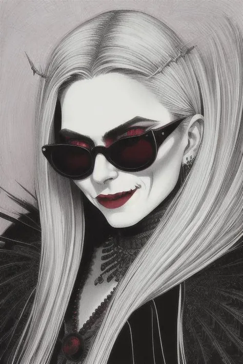 portrait of a female vampire, old, evil, (showing fangs:1.1), long flowing hair, glasses, dark
detailed, intricate
jubbslineart_v2