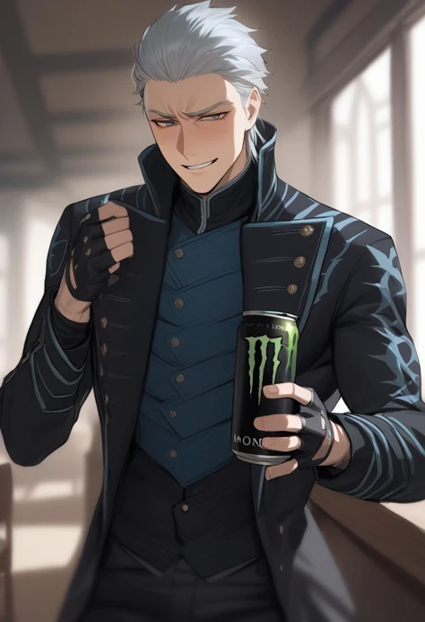 masterpiece, best quality, male focus, (realistic:0.25)  <lora:dmc5_vergil_xl-000004:1> dmc5vergil, black coat, fingerless gloves, pants, holding a can of monster energy drink, cowboy shot, smile, furrowed brow