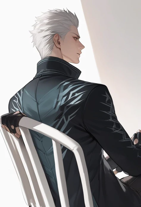 masterpiece, best quality, male focus, (realistic:0.25)  <lora:dmc5_vergil_xl-000004:1> dmc5vergil, black coat, fingerless gloves, pants, sitting in a white plastic chair, white background, from behind