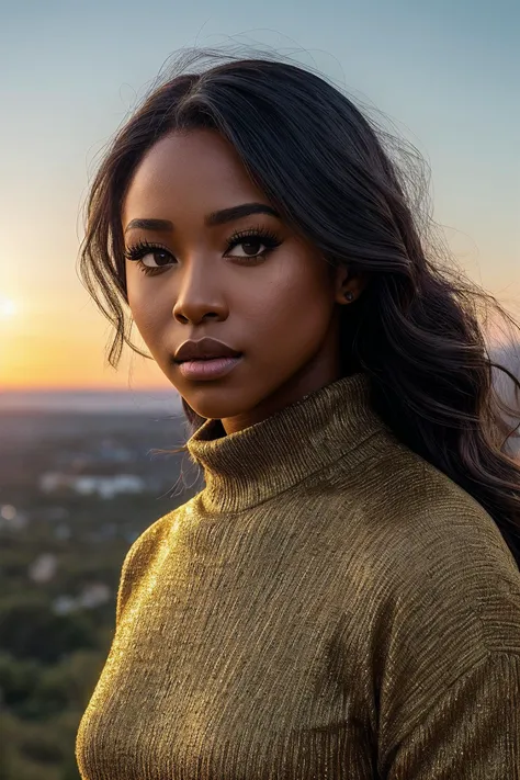 perfect cinematic shoot of a beautiful woman (EPCh344ndr34:.99), a woman standing at a Timeless Ruins , lipstick,perfect hair, wearing sexy orange (turtleneck with (Modesty Panel:1.3):1.2), (midnight sun phenomenon in background:1.2), (detailed background:...