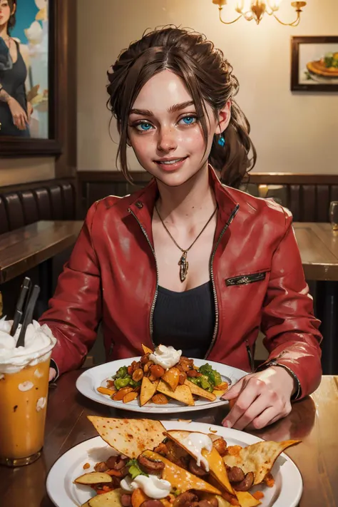 claireredfield2,blue eyes,brown hair,ponytail, necklace, red jacket, looking at viewer, smiling, happy, upper body shot, sitting, behind table, inside restaurant, table full of food, nacho chips, high quality, masterpiece, <lora:claireredfield:.6>