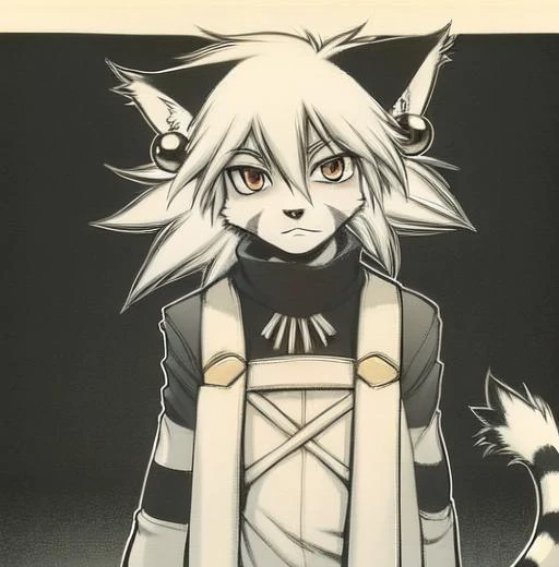 elh, 1girl, young, monochrome, elhattire, furry female, :<, blank expression, upper body, cropped legs, looking at viewer, fur trim, standing, cat ears, white hair, short hair, earrings, red eyes, orange eyes, facial mark, animal nose, striped tail, stripe...