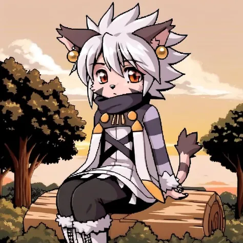 elh, 1girl, pixel art, dithering, halftone, pattern, elhattire, furry female, :<, blank expression, black pants, white boots, crossed legs, sitting on log, looking at viewer, fur trim, cat ears, white hair, short hair, earrings, red eyes, orange eyes, faci...