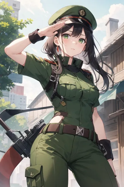 1girl, military uniform, pants, long hair, short sleeves, salute, arm behind back, standing, war, solder, outdoors, green eyes, ...