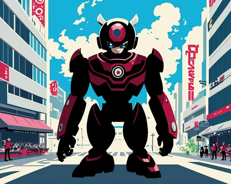 anime style picture of a robot in a city street