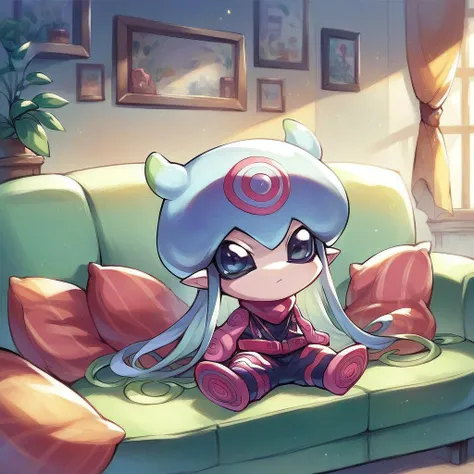 a close up of a cartoon character sitting on a couch