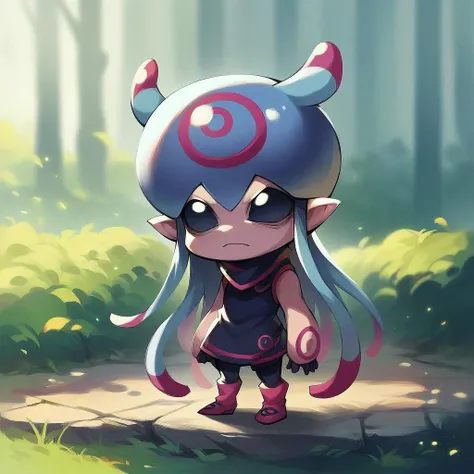 a cartoon girl with long hair and horns in a forest