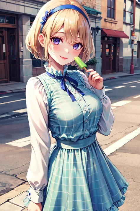 masterpiece, best quality, highres, us1, blonde hair, purple eyes, hairband, long sleeves, blue hairband, blue dress, frills, shirt, neck ribbon, blue ribbon, plaid, <lora:umino_sachi_v1:0.7>, street, cowboy shot, popsicle, watermelon bar, smile