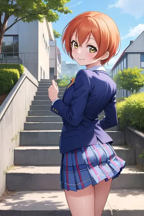 masterpiece,ultra detail,best quality,1girl, hoshizora_rin_lovelive <lora:hoshizora_rin_lovelive:0.7>,stylish pose,smile,school,stair,outdoor,blue plaid skirt,blue blazer,from back