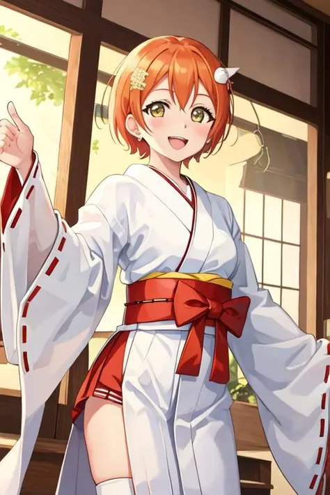 best quality, masterpiece, highres, solo, {white kimono:1.35}, {red hakama:1.35}, {wide sleeves:1.20}, {hoshizora_rin_lovelive:1.15}, short_hair, orange_hair, smile, yellow_eyes, blush, open_mouth, green_eyes, hair_ornament