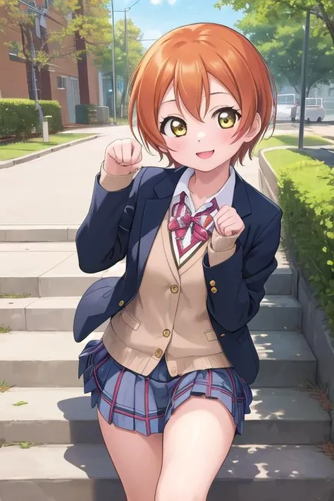 masterpiece,ultra detail,best quality,1girl, hoshizora_rin_lovelive <lora:hoshizora_rin_lovelive:0.7>,paw pose,smile,school,stair,school uniform,outdoor,plaid skirt,blazer