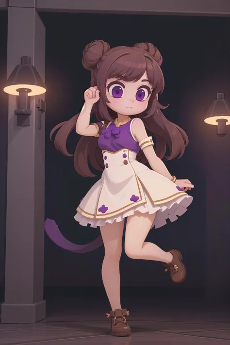 woman, (masterpiece, best_quality, ultra-detailed, immaculate:1.3), epic, illustration, 1girl, (moody Mulchcore:1.3) catgirl, full body, [:intricate, creative costume design,:0.2], official art, light caucasian skin, dramatic muted purple lighting from abo...