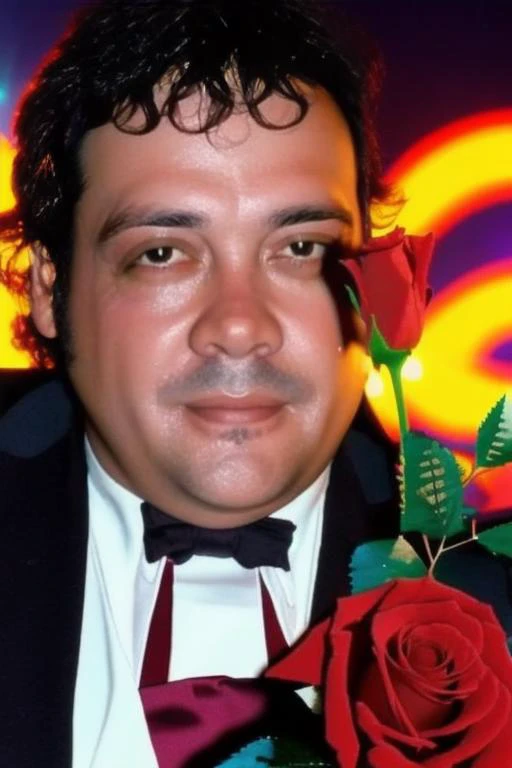 portrait photo of sks man (mattioli:1) with a rose in the hand, high detailed face, high quality photo, with neon lights in the background, 8k <lora:mattioli:1>