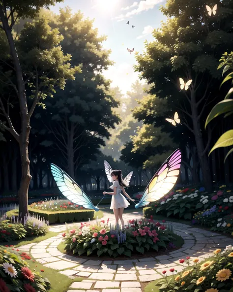 ((masterpiece), best quality, high quality, professional quality, highly detailed, highres, perfect lighting, natural lighting), group of fairies, butterfly wings, translucent wings, flying, magical garden