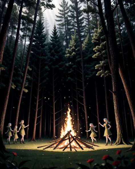 ((masterpiece), best quality, high quality, professional quality, highly detailed, highres, perfect lighting, natural lighting), group of elves, dancing, bonfire, in forest, surrounded by large trees