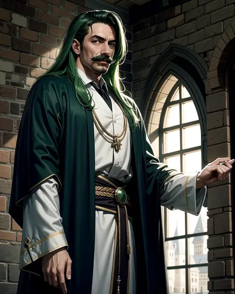 ((masterpiece), best quality, high quality, professional quality, highly detailed, highres, perfect lighting, natural lighting), (1boy, muscular, handsome, mustache, medium length hair, green hair), wearing wizard robes, fighting, in a castle