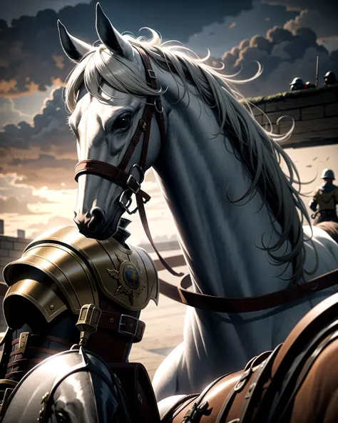 ((masterpiece), best quality, high quality, professional quality, highly detailed, highres, perfect lighting, natural lighting), knight, wearing armor, holding weapon, horseback, stallion, battle against army