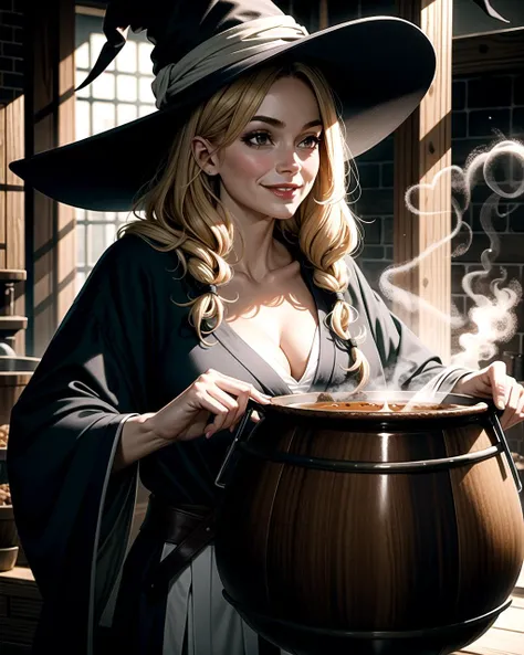 ((masterpiece), best quality, high quality, professional quality, highly detailed, highres, perfect lighting, natural lighting), majestic witch, wearing robes, smilingfrowning}, brewing over a cauldron