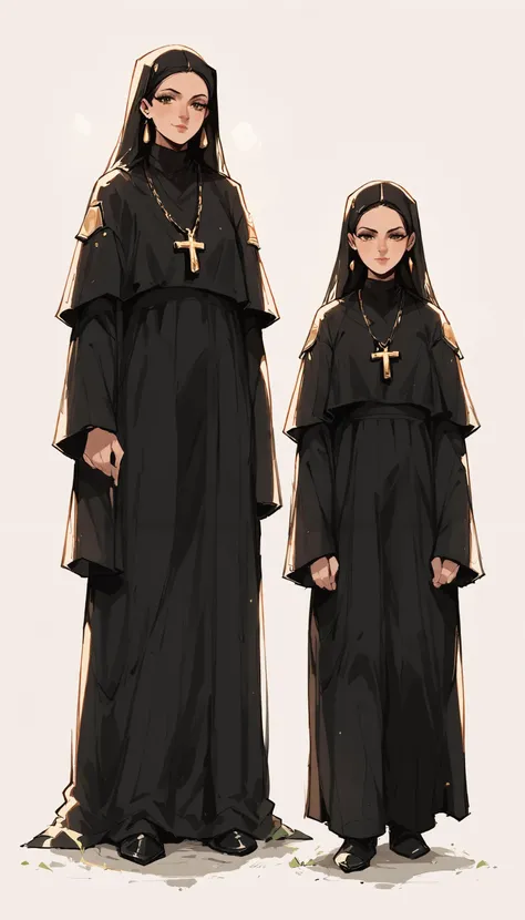 two women dressed in black robes and gold cross necklaces