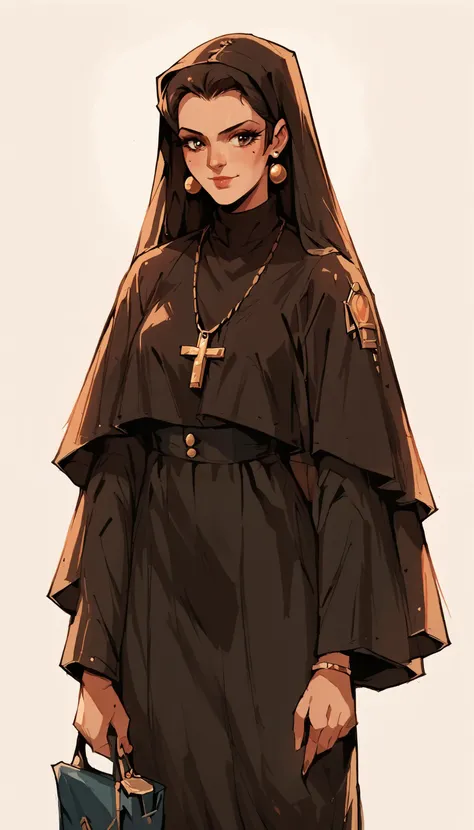 a drawing of a nun with a cross and a purse