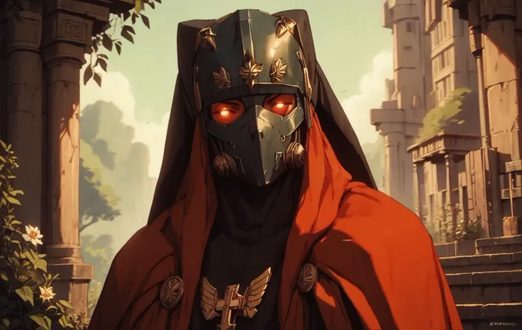 a close up of a person wearing a red cloak and a mask