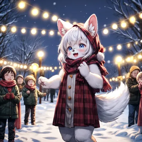 1girl,<lora:Furtastic_Detailer:1.8>,furry,animal ears,tail,personification,anthro,(fluffy fur:1.2),AS-YoungerV2,(fluffy body),(fluffy),plad scarf,outdoors,christmas,snow,celebration,