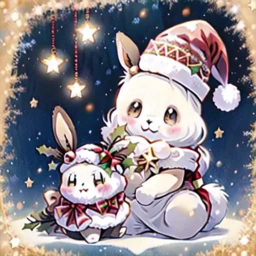 there is a picture of a rabbit and a bunny with a christmas hat