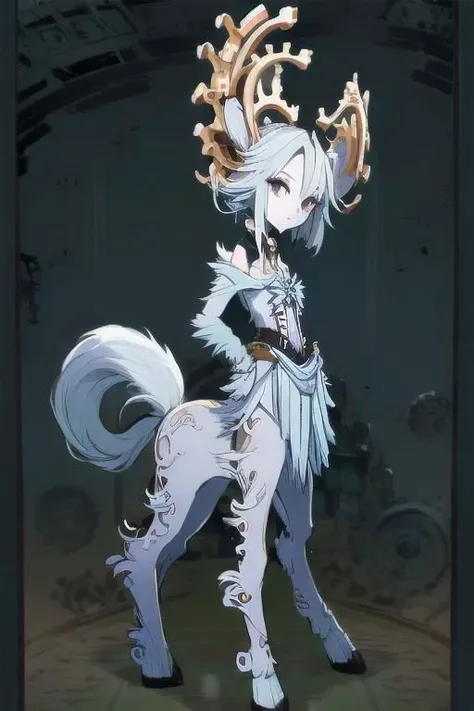 anime character with white hair and horns standing in a dark room