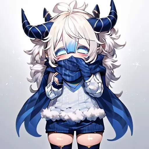 anime girl with horns and a blue dress and a scarf