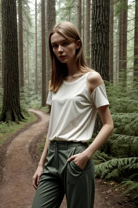 arafed woman standing in the woods with her hands in her pockets