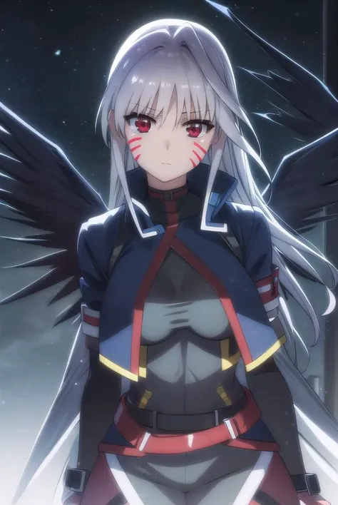 reinforcei, <lora:reinforce i movie2-lora-nochekaiser:1>,
reinforce i, (red eyes:1.3), grey hair, facial mark, long hair,
BREAK thighhighs, gloves, jacket, open clothes, wings, fingerless gloves, open jacket, magical girl, single thighhigh, asymmetrical le...