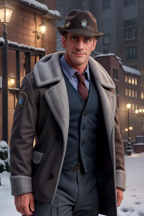 Christopher Meloni (dressed as a detective) working as a (detective) <lora:diffusiondudes_ChrisMeloni_V1-09:0.8>, wearing a winter coat, winter snow, winter in the city, <lora:add_detail:0.5>, falling snowflakes, wintry mix, holster, badge, necktie