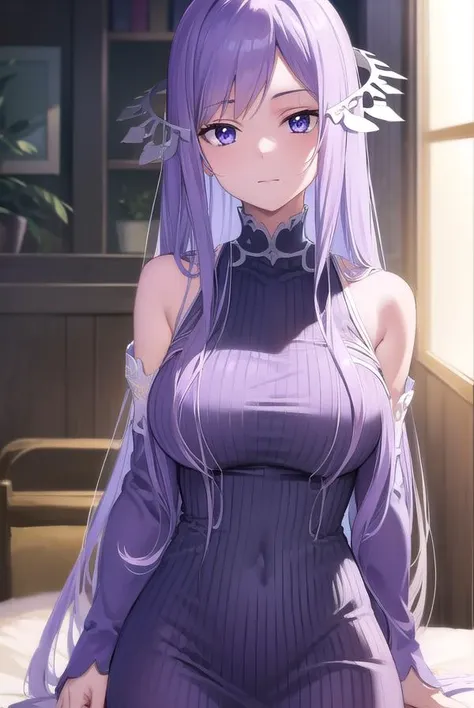 quinella, <lyco:quinellav2-lyco-nochekaiser:1>,
quinella, absurdly long hair, (purple eyes:1.1), long hair, parted bangs, purple hair, very long hair, hair ornament,
BREAK dress, purple dress, ribbed dress, detached sleeves, sleeveless,
BREAK indoors, bed,...