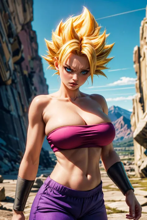 (ultra realistic,32k, masterpiece:1.2),(high detailed skin:1.1),( high quality:1.1),
<lora:caulifla-nvwls-v1:0.8>ssjcaulifla,(v-shaped eyebrows:1.1), angry,, blonde hair, aqua eyes, tube top, purple pants, bracers, destroyed landscape, mountais, fallings r...