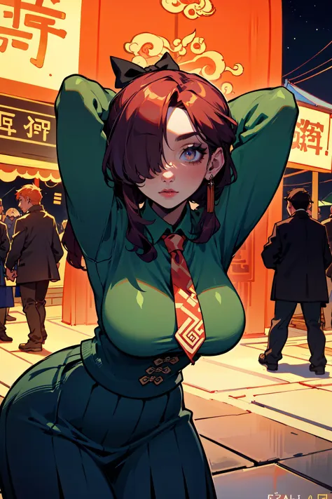 anime girl in green dress posing in front of a building