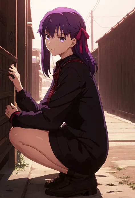 (safe:1.10), best quality, masterpiece, highres, solo, (matou_sakura_fatestaynightufotable:1.10), squatting, cowboy shot, looking at viewer, anime_style, 26 <lora:matou_sakura_fatestaynightufotable:0.80>