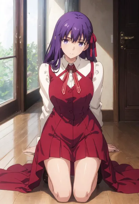 {safe:1.10}, best quality, masterpiece, highres, solo, {matou_sakura_fatestaynightufotable:0.90}, kneeling, kneeling on one knee, on one knee, cowboy_shot, looking at viewer